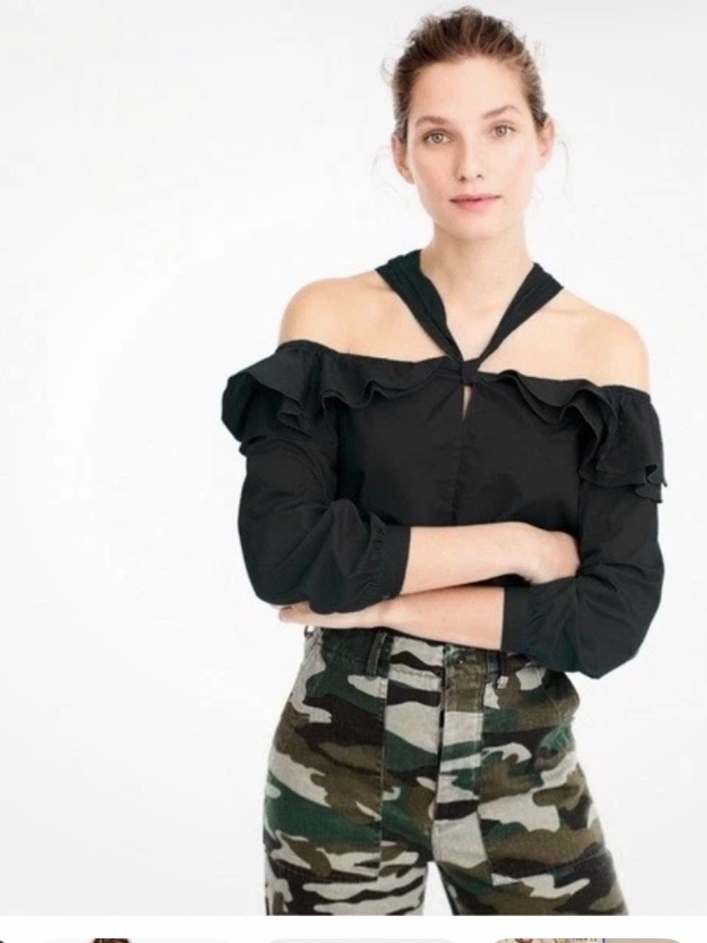 J. Crew Black Off-Shoulder Ruffle Halter Blouse
